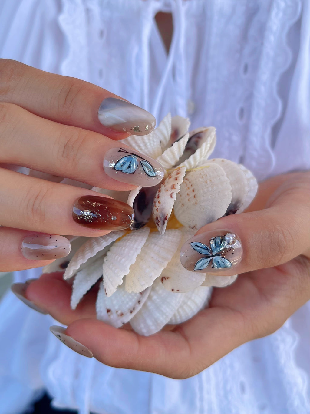 Blau ×Schmetterling Runde Press on Nails