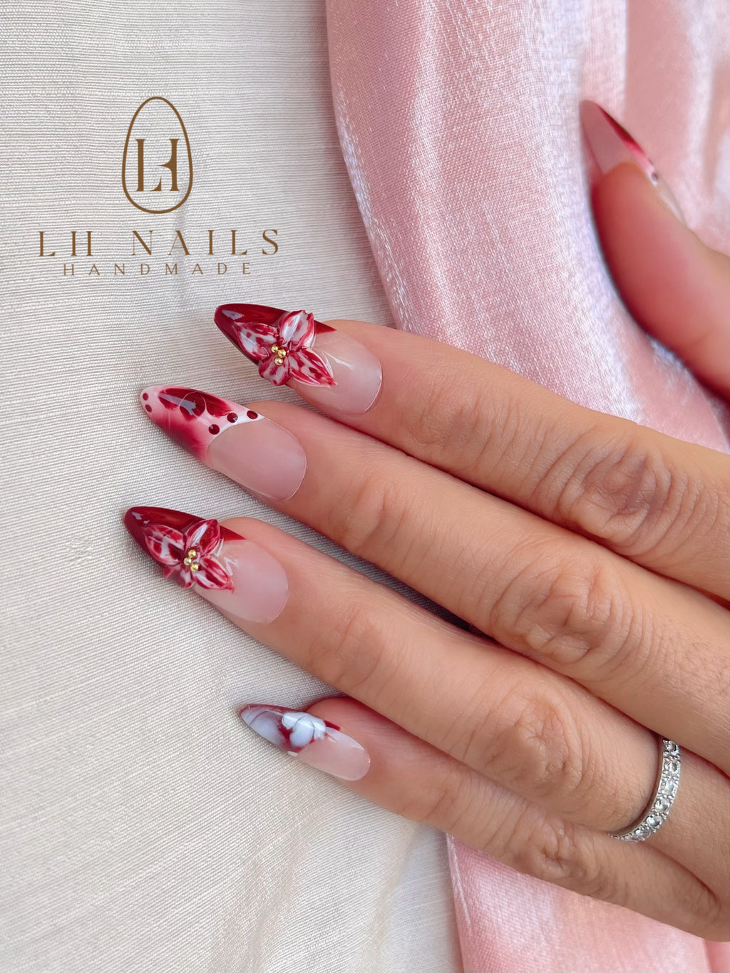 Rote 3D-Blumen-designs Press On Nails