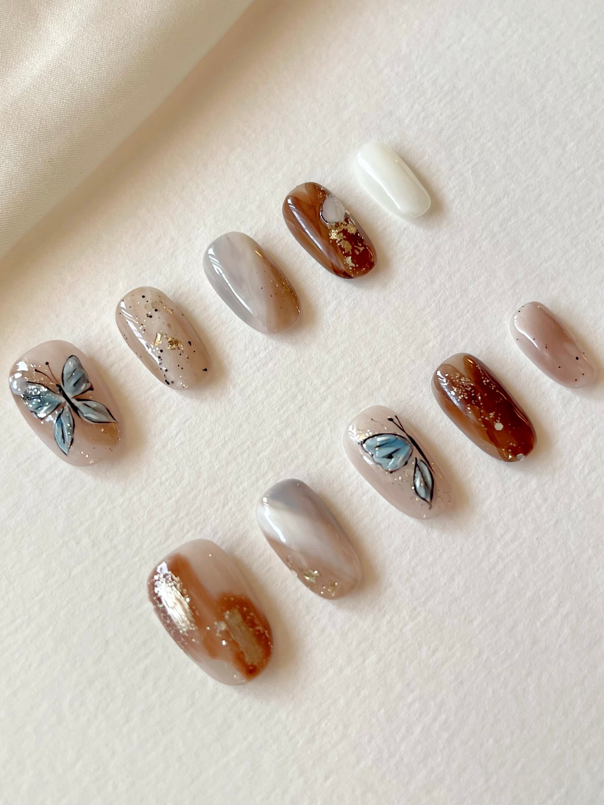 Blau ×Schmetterling Kurze Press on Nails