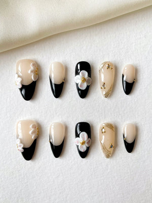 Schwarzer French mit 3D-Gravuren Press-On Nails